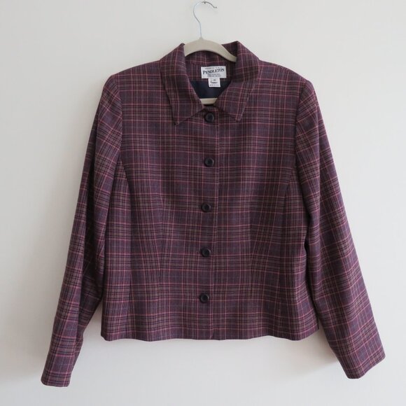 VINTAGE PENDLETON 100% Wool Plaid Blazer in Purple Academia Preppy - Size US 12 - Picture 2 of 15